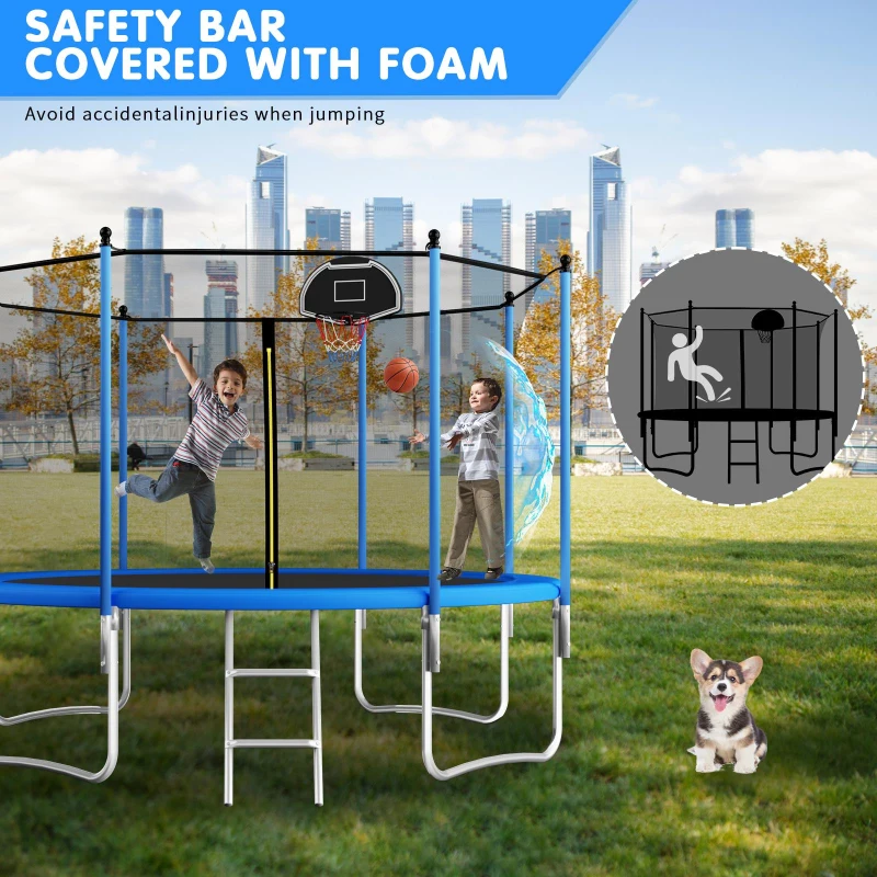 Outdoor Trampoline with Basketball Hoop and Safety Net, Heavy Duty Rebounder with Weatherproof Steel Frame, 366L x 366W x 76H cm, Blue