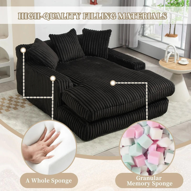 Modern Oversized Chaise Lounge Chair with Memory Foam Seat, Versatile Sofa Bed for Living Room or Bedroom, 155L x 125W x 63H cm, Black