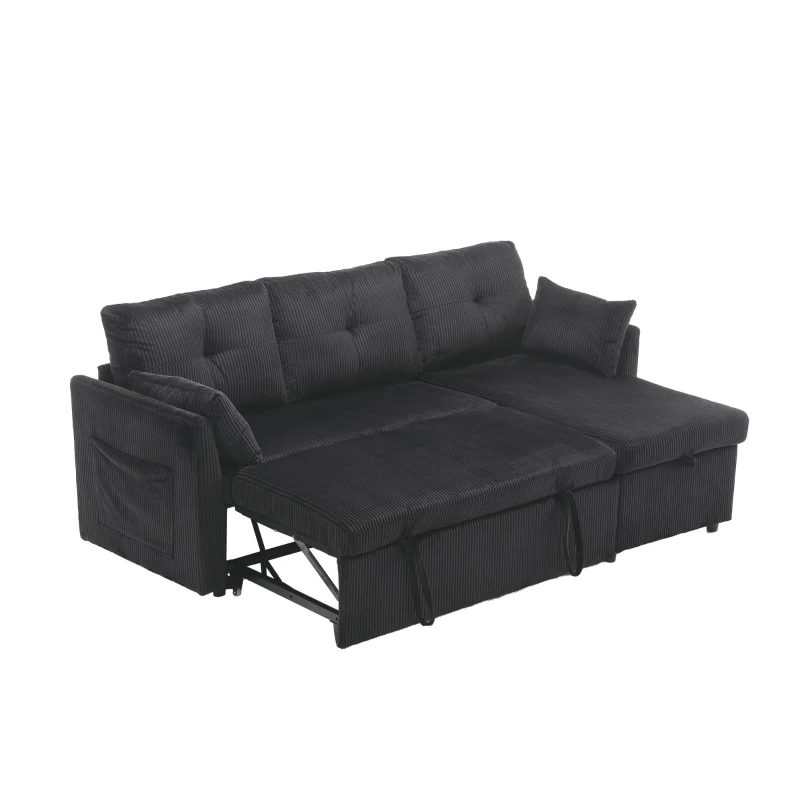 Stylish Sectional Sleeper Sofa with Reversible Storage Chaise, 3-In-1 L-Shaped Sofa with Corduroy Upholstery, 206L x 130W x 88H cm, Black
