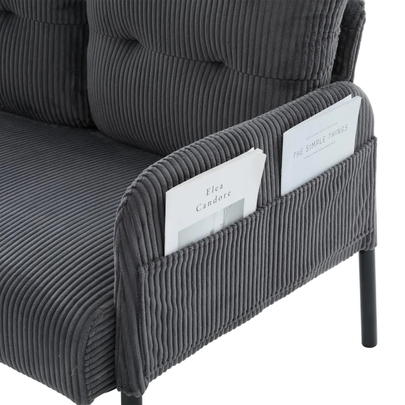 Oversized Two-Seater Corduroy Sofa with Ergonomic Curves, Comfortable Loveseat with Dual Side Storage Pockets, 171L x 72W x 80H cm, Charcoal Grey