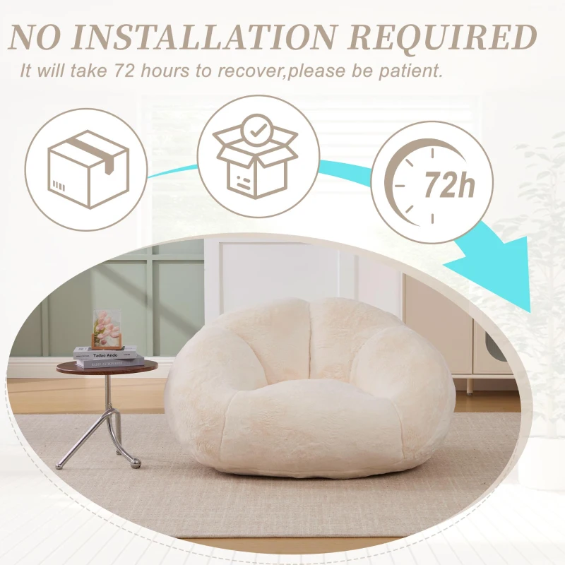 Shell-Shaped Bean Bag Chair with High-Rebound Memory Foam Filling, Ergonomic Floor Lounger with Faux Fur Removable Cover, 100L x 90W x 57H cm, Beige