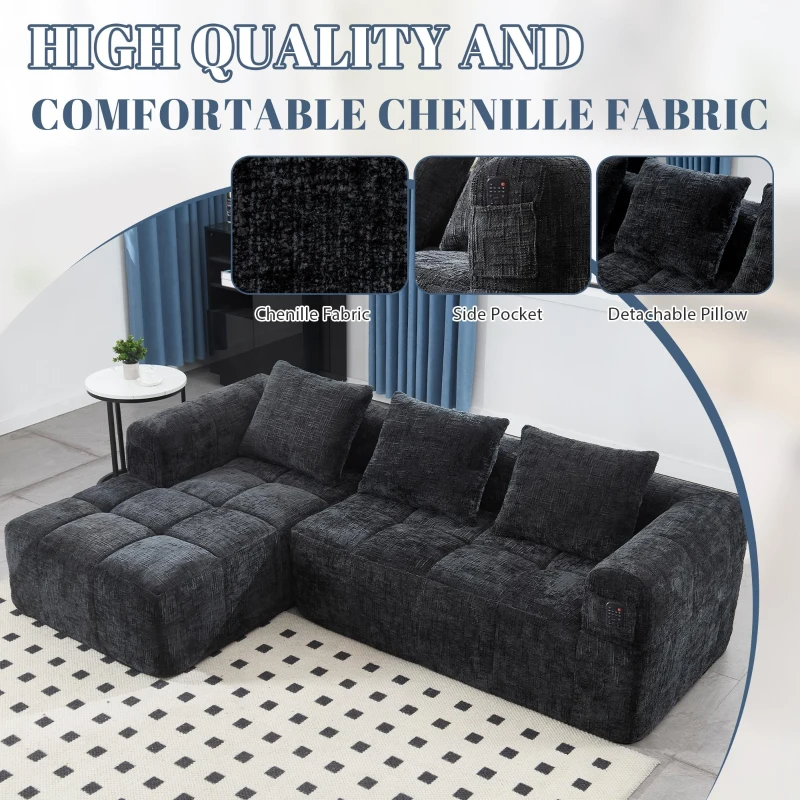 Oversized Modular L-Shaped Sofa with Deep-Seated Sleeper Design, Plush Sectional Sofa with Hidden Side Pockets, 250L x 158W x 60H cm, Black