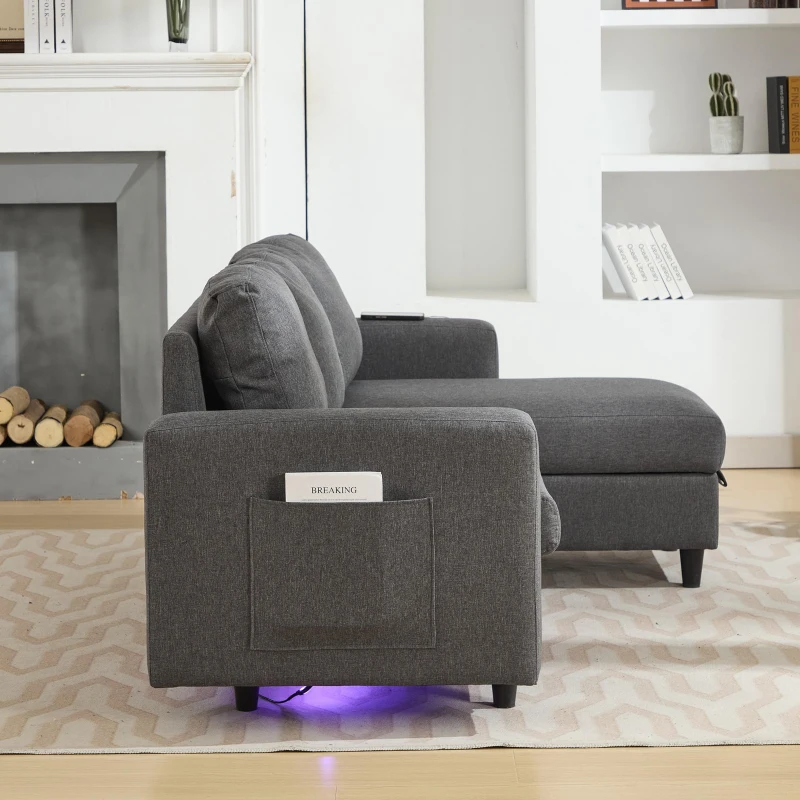 L-Shaped Corner Sofa with Hidden Storage and Side Pockets, Reversible Sectional Couch with Sturdy Wooden Frame, 180L x 120W x 72H cm, Gray