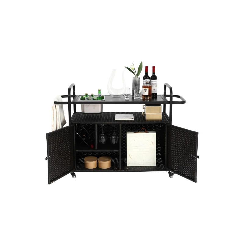 Carrito de bar para exterior con depósito para hielo, ruedas bloqueables, para jardín, zona de piscina y patio trasero, 131x50x91 cm, Negro