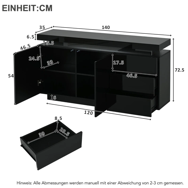 High Gloss Sideboard with LED Lights and Noiseless Hydraulic Hinges, Modern Storage Cabinet with 2 doors and 3 drawers, 140L x 35W x 72.5H cm, Black