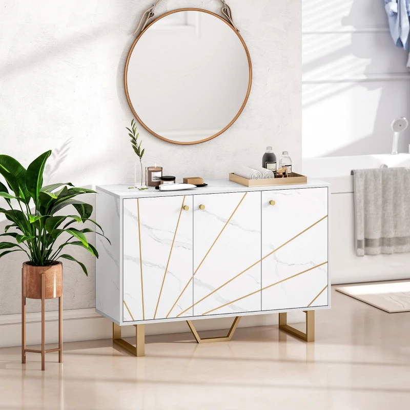 HOMCOM Aparador de Almacenamiento para Salón con 2 Armarios 3 Puertas y Estante Regulable Patas de Metal Aspecto Mármol Blanco