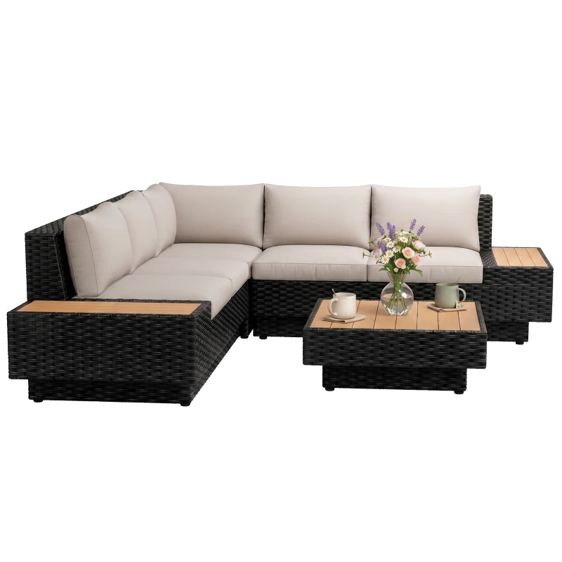 Outsunny 4 PCs Rattan Garden Furniture - Outdoor Sectional Corner Sofa and Coffee Table Set, Conservatory Wicker Weave Furniture with Armrest and Cushions, Black