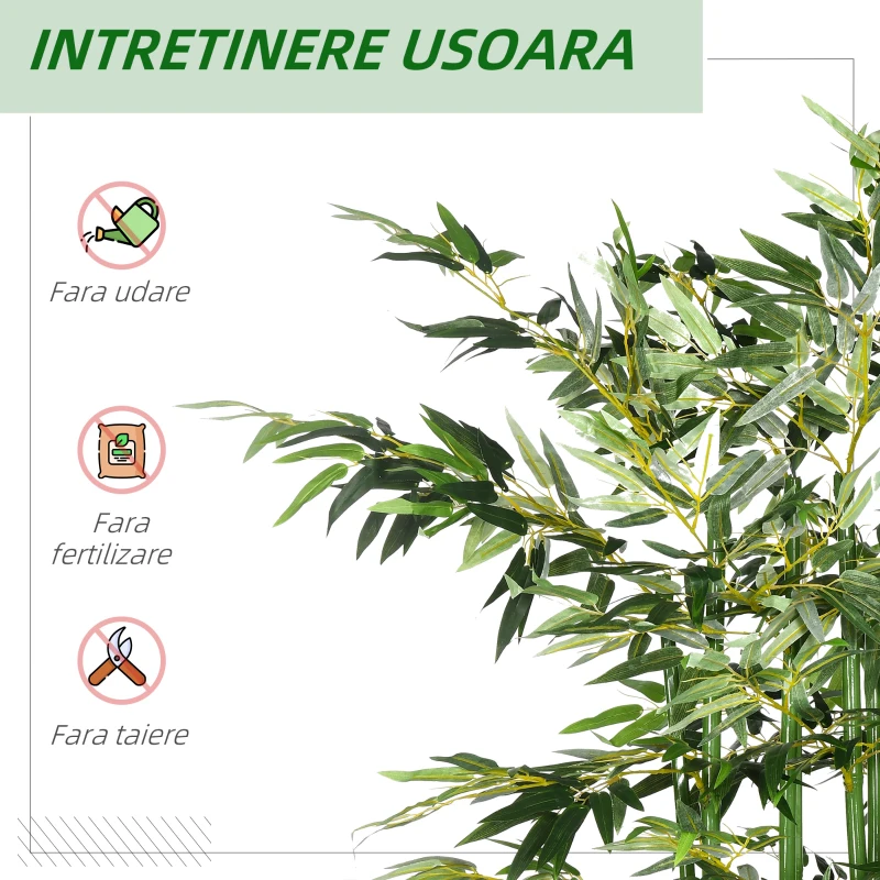 HOMCOM Plantă Artificială de Bambus, Înălțime 180 cm, cu 1640 de Frunze și Bază din Lemn de Pin, 35x10x10 cm, Verde