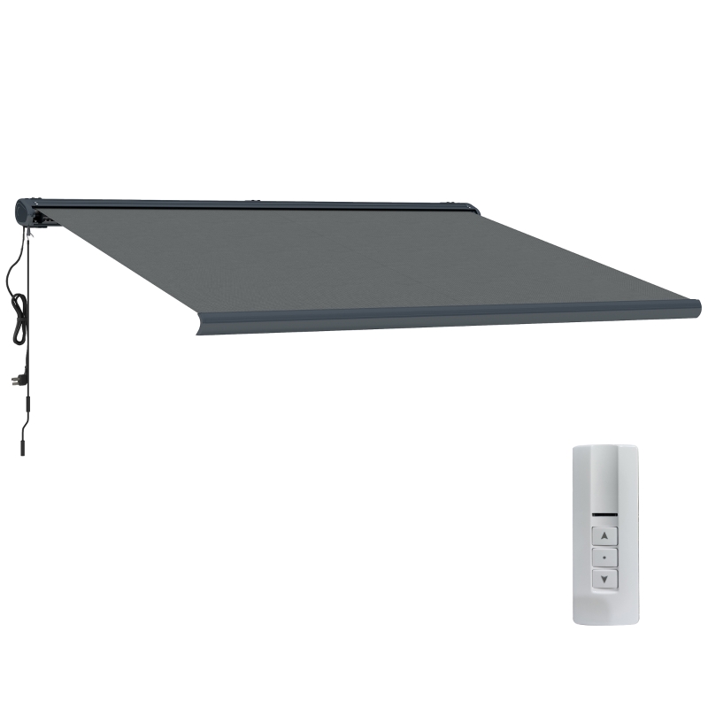 Outsunny 4 x 3(m) Full Cassette Electric Awning with Remote Controller, Aluminium Frame DIY Retractable Garden Awning, UPF50+ Sun Shade Canopy for Deck Door Window, Dark Grey
