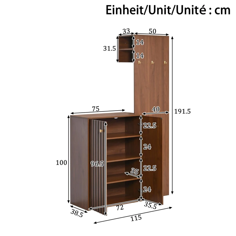 Móvel de entrada compacto com sapateira, varão para cabides, ganchos e prateleiras ajustáveis, 115x38,5x191,5 cm, Cor natural