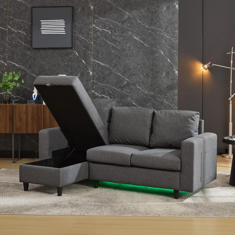 L-Shaped Corner Sofa with Hidden Storage and Side Pockets, Reversible Sectional Couch with Sturdy Wooden Frame, 180L x 120W x 72H cm, Gray