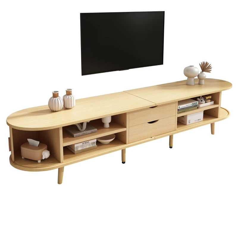 Minimalist TV Stand with Oval Top and Rounded Corners, Light Oak TV Cabinet with Solid Wood Legs, 175L x 40W x 40H cm, Oak
