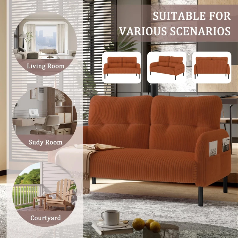 Modern Two-Seater Corduroy Sofa with High-Rebound Springs, Comfortable Loveseat with Side Storage Pockets, 120L x 65W x 79H cm, Orange