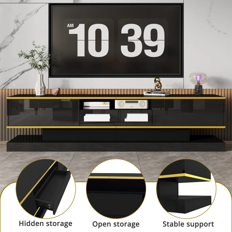 Modern TV Cabinet with 3 Drawers and Open Compartment, Contemporary TV Stand with Colour‑Changing LED Strip, 180L x 38W x 45H cm, Black