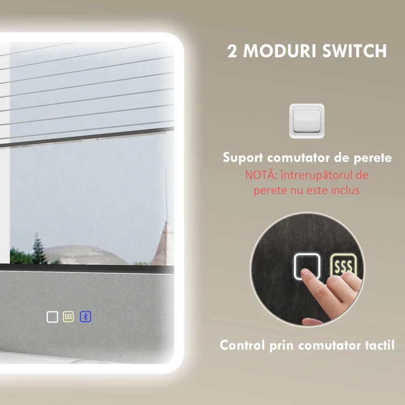 HOMCOM Oglindă de baie LED bluetooth 70 x 90 cm interruptor tactil lumină reglabilă 3 culori anti-abur memorie argintiu
