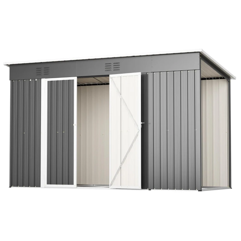 Abrigo metálico para ferramentas com porta dupla, 311x123x181 cm, Cinzento