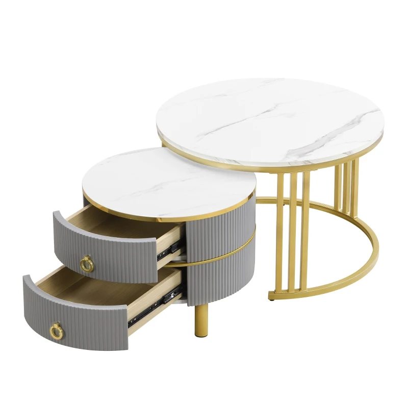 2-In-1 Round Coffee Table Set with High-Gloss Tops, Space-Saving Center Table Set with 2 Drawers, 70L x 70W x 46H cm, White+Gray