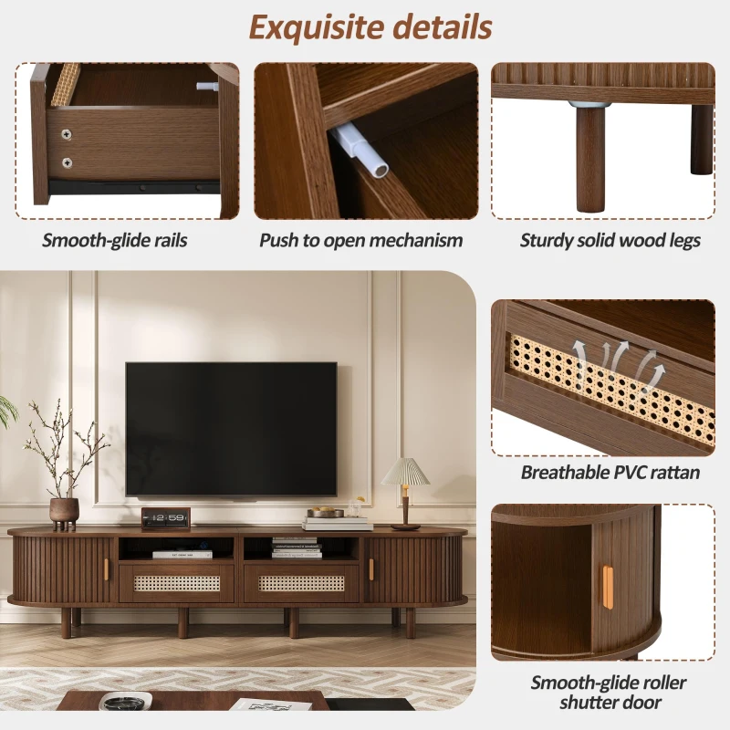Rattan TV Stand with Sliding Doors and 8 Solid Wood Legs, Oak TV Cabinet with Rounded Corner, 170L x 40W x 40H cm, Oak