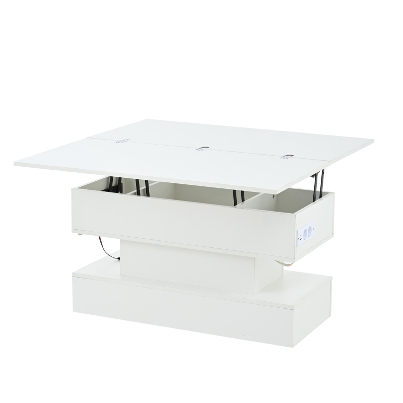 Multifunctional White Coffee Table with Integral Power Outlet, Modern Center Table with App-Controlled LED Light, 100L x 50W x 51.5H cm, White