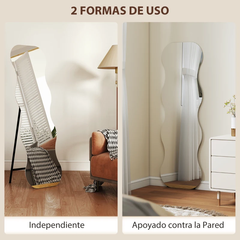 HOMCOM Espejo de Pie Cuerpo Entero sin Marco Espejo de Pie Forma Ondulada con Soporte y Base de Madera 50x2,7x160 cm Negro