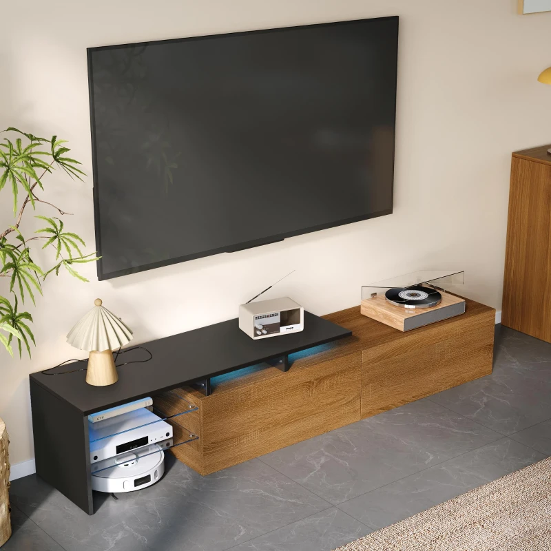 Modern TV Cabinet with Triple-Layer Glass Shelves, Low-Profile TV Stand with Smart Storage, 170L x 33W x 33.5H cm, Black+Natural+Wood