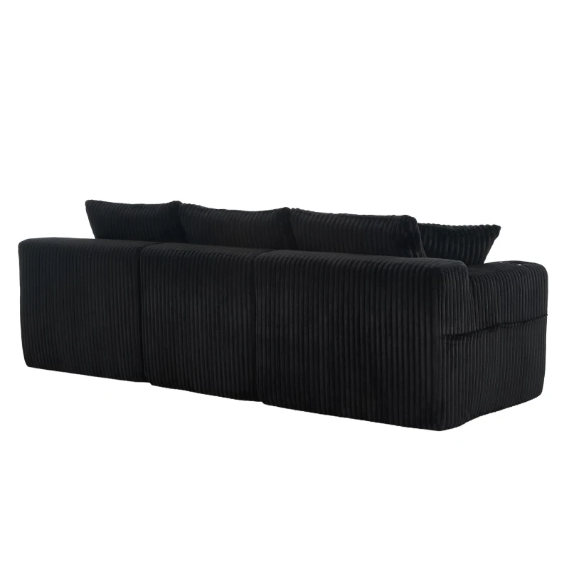 Modular L-Shaped Sectional Sofa with Deep Seat, Plush Corduroy Boneless Couch for Living Room, 257L x 160W x 80H cm, Black