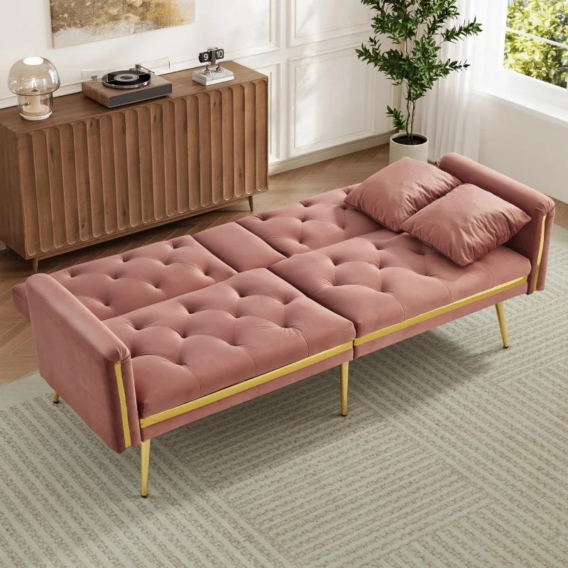 Two-Seater Convertible Sofa Bed with 3-Level Adjustable Backrest, Space-Saving Sleeper Sofa with High-Density Foam, 174L x 76W x 71.5H cm, Pink