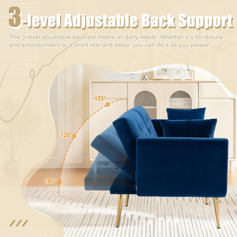 Modern 2-Seater Sofa with 3-Position Adjustable Backrest, Convertible Loveseat with Thick Padded Cushions, 165L x 72.5W x 75H cm, Navy