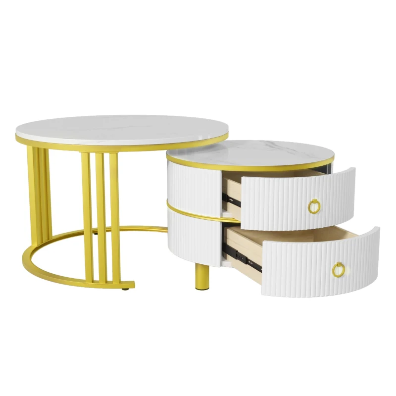 2-In-1 Round Coffee Table Set with High-Gloss Tops, Space-Saving Center Table Set with 2 Drawers, 70L x 70W x 46H cm, White