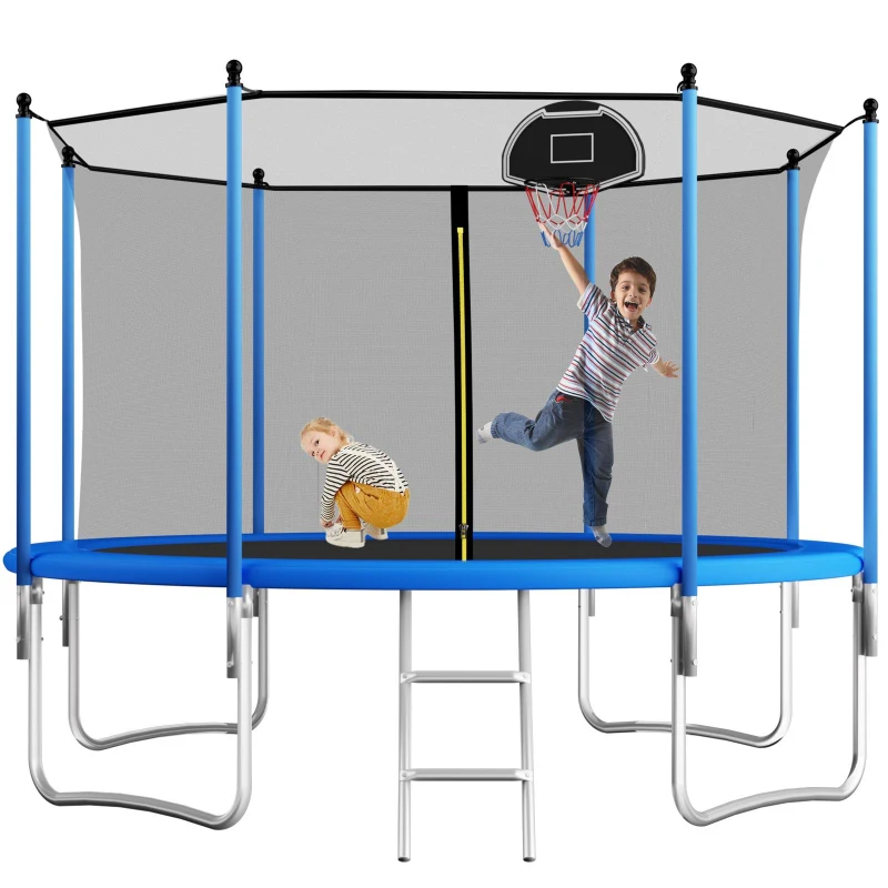 Outdoor Trampoline with Basketball Hoop and Safety Net, Heavy Duty Rebounder with Weatherproof Steel Frame, 366L x 366W x 76H cm, Blue