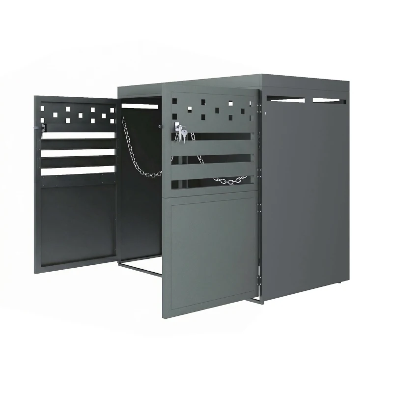 Double Wheelie Bin Storage Box with Planting Top and Tipping Chains, Galvanised Steel Lockable Bin Store with Ventilation Slots, 132L x 80W x 125H cm, Grey