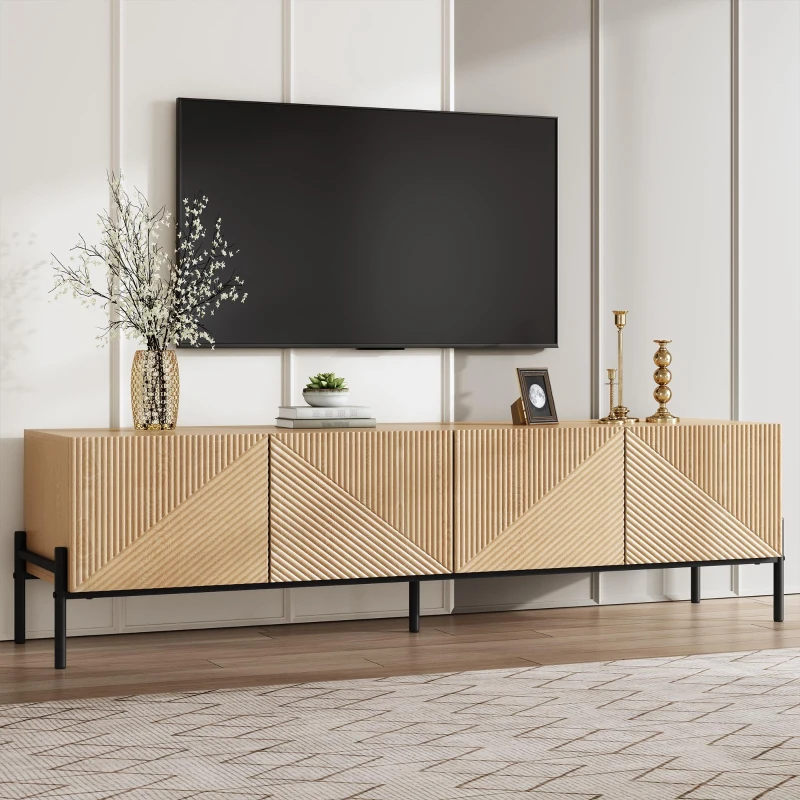 Móvel baixo para TV com 4 portas push-to-open, design geométrico, estrutura metálica, 163,5x40x45 cm, Cor natural