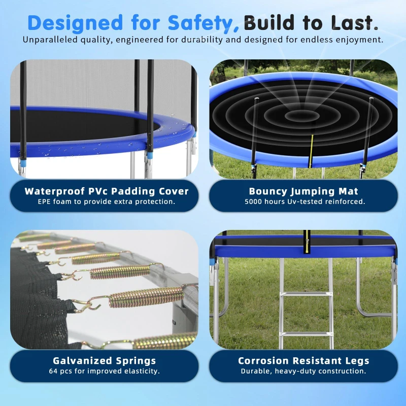 Outdoor Trampoline with Basketball Hoop and Safety Net, Heavy Duty Rebounder with Weatherproof Steel Frame, 366L x 366W x 76H cm, Blue