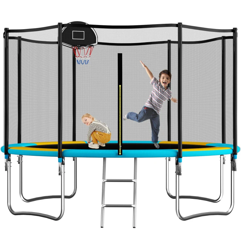 Outdoor Trampoline with Basketball Hoop and Safety Net, Heavy Duty Rebounder with Weatherproof Steel Frame, 366L x 366W x 76H cm, Blue
