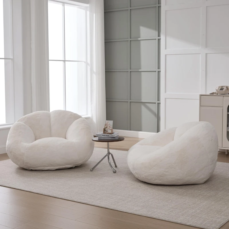 Shell-Shaped Bean Bag Chair with High-Rebound Memory Foam Filling, Ergonomic Floor Lounger with Faux Fur Removable Cover, 100L x 90W x 57H cm, Beige
