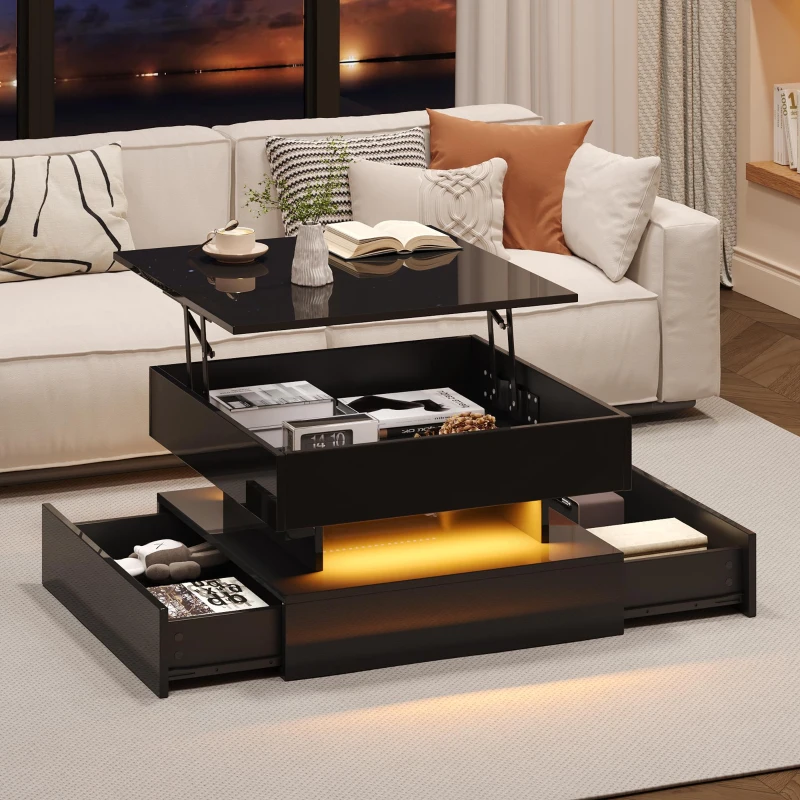 Lift-Up Coffee Table with App-Controlled LED Light Strip and Hidden Storage, Stylish Center Table with 2 Drawers, 65L x 65W x 38.5H cm, Black
