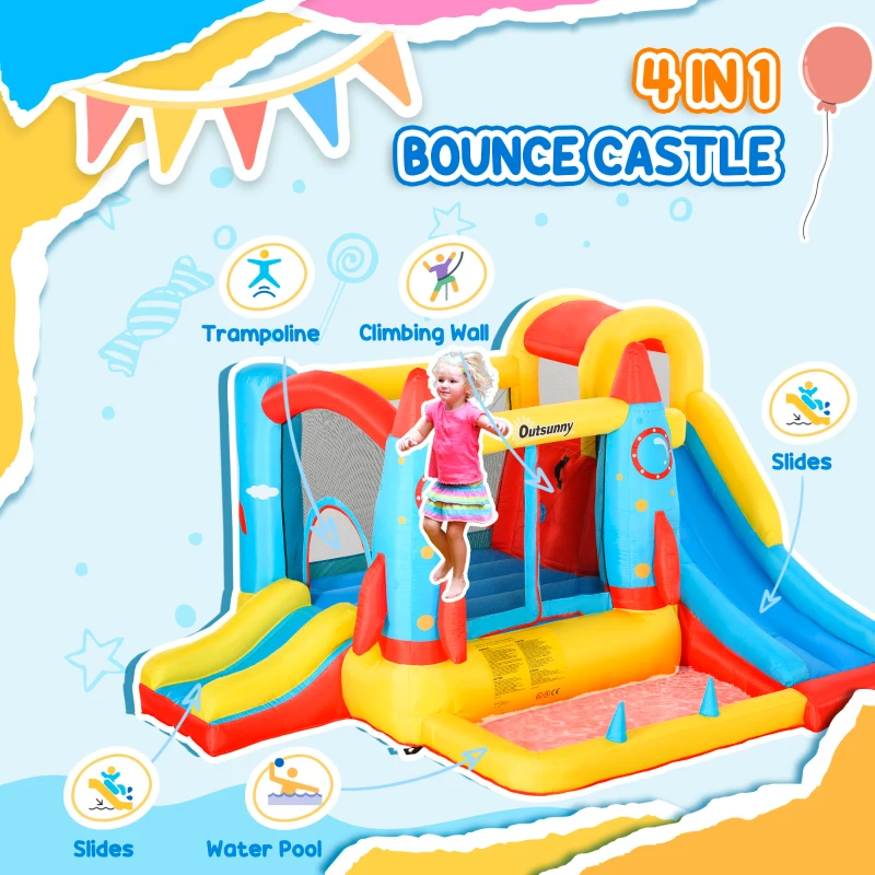 Outsunny Bouncy Castle Inflatable Trampoline Slide Pool Rocket Design 3.4 x 2.8 x 1.85m