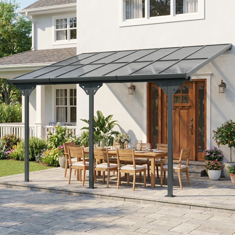 Outsunny Pergola adossée aluminium 4,5 x 3 m avec toit en polycarbonate résistant UV, gouttière intégrée, tonnelle de jardin pour terrasse patio véranda, gris