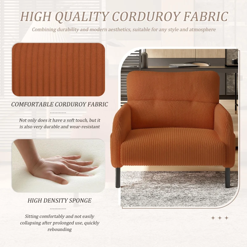 Corduroy Single-Seater Armchair with High-Density Foam Cushion, Ergonomic Wide Seat with Double Side Storage Pockets, 67L x 75W x 79H cm, Orange