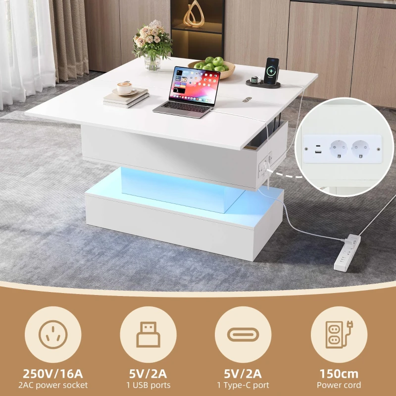 Multifunctional White Coffee Table with Integral Power Outlet, Modern Center Table with App-Controlled LED Light, 100L x 50W x 51.5H cm, White