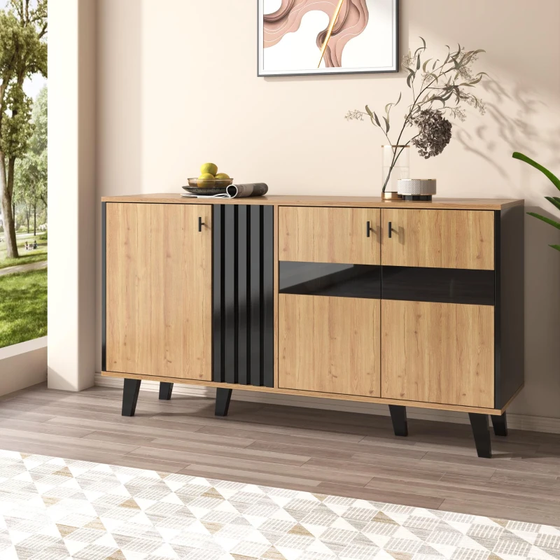 On-Trend Sideboard with Colour-Coordinated Design, Stylish Storage Cabinet with Glass-Front Door, 140L x 41W x 78.5H cm, Black+Wood