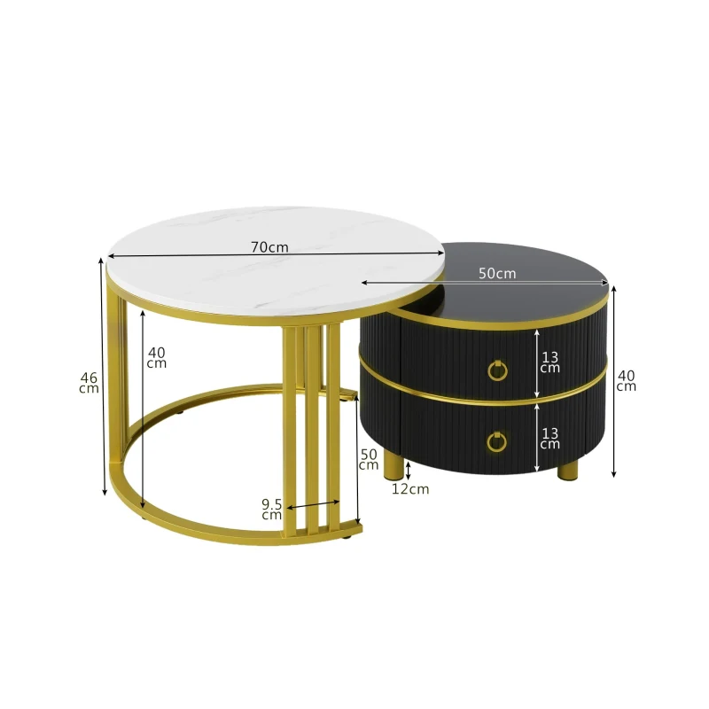 2-In-1 Round Coffee Table Set with High-Gloss Tops, Space-Saving Center Table Set with 2 Drawers, 70L x 70W x 46H cm, White+Black