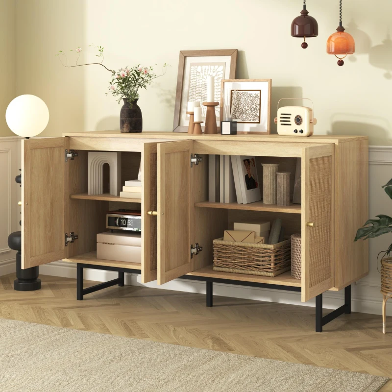 Aparador com rattan trançado, 4 portas, prateleiras ajustáveis, pés metálicos, 140x39,5x80 cm, Cor natural