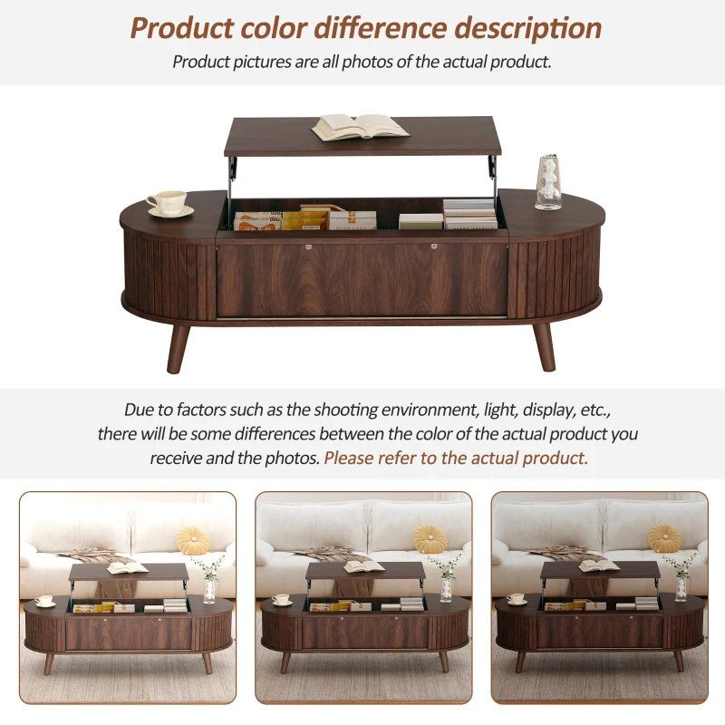 Lift-Up Oval Coffee Table with Hidden Storage and Roller-Shutter Doors, Space-Saving Centre Table with Solid Wood Legs, 120L x 50W x 39.5H cm, Wood