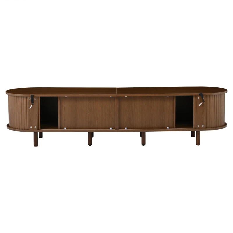 Rattan TV Stand with Sliding Doors and 8 Solid Wood Legs, Oak TV Cabinet with Rounded Corner, 170L x 40W x 40H cm, Oak