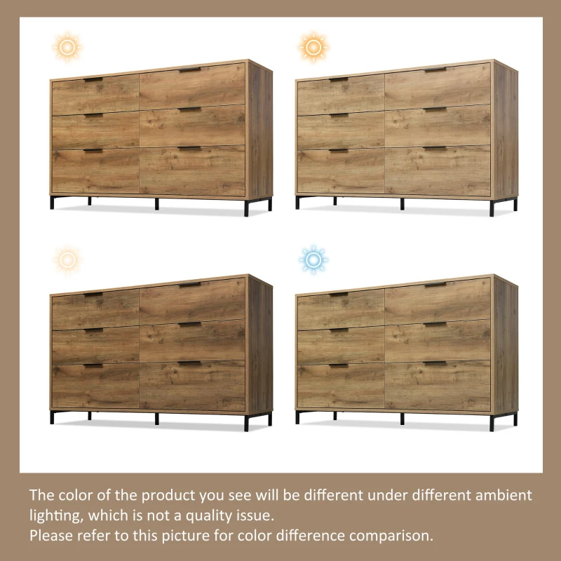 Dark Oak Sideboard with 6 Drawers and Industrial Metal Frame, Industrial Rustic Cabinet with Adjustable Feet, 120L x 40W x 76H cm, Dark Oak