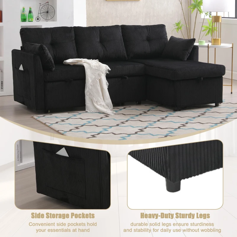 Stylish Sectional Sleeper Sofa with Reversible Storage Chaise, 3-In-1 L-Shaped Sofa with Corduroy Upholstery, 206L x 130W x 88H cm, Black