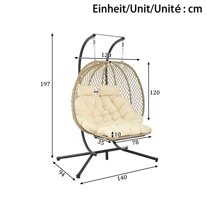 Cadeira suspensa em forma de ovo com suporte, cadeira de baloiço com apoio de pés regulável, cadeira suspensa de jardim com almofada de assento & almofado, 140x94x197 cm, Bege