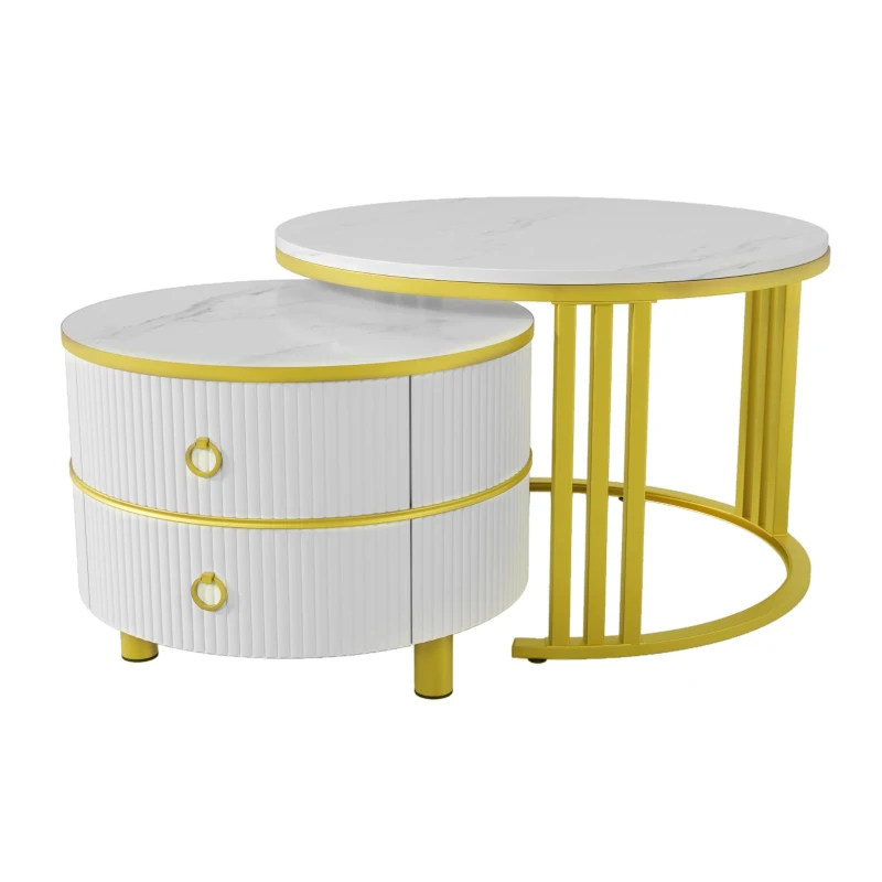 2-In-1 Round Coffee Table Set with High-Gloss Tops, Space-Saving Center Table Set with 2 Drawers, 70L x 70W x 46H cm, White