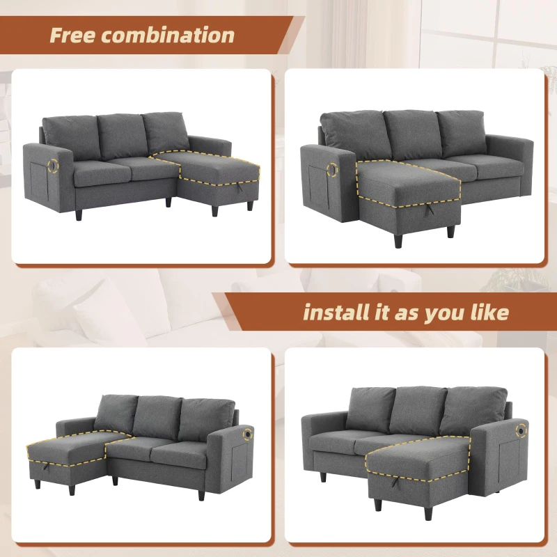 L-Shaped Corner Sofa with Hidden Storage and Side Pockets, Reversible Sectional Couch with Sturdy Wooden Frame, 180L x 120W x 72H cm, Gray